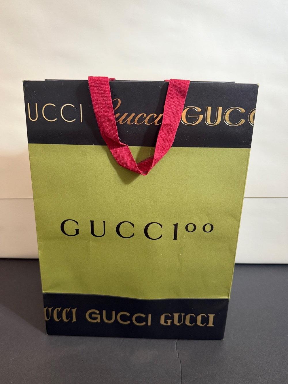 Gucci Green Paper Shopping Bag with Red Handles